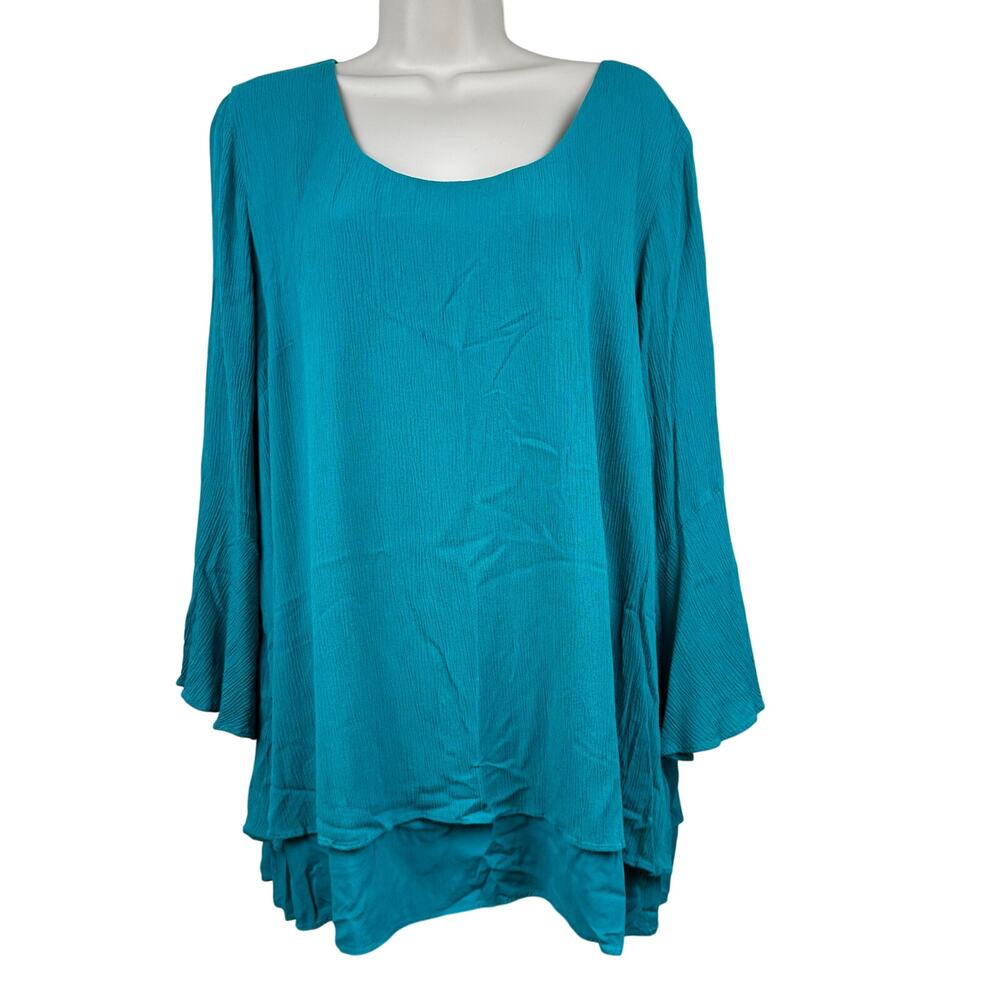 Soft Surroundings Blouse Top Tunic Layered Bell Sleeve 3/4 Sleeve Teal Size 1X